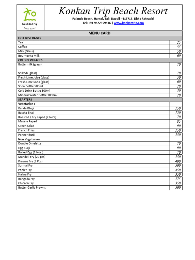 Konkan Trip Resort Menu Card | PDF | Drink | Food And Drink