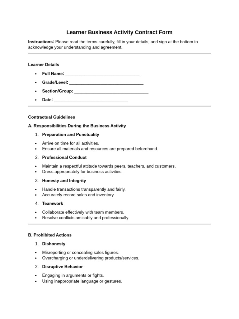 Learner Business Contract Form | PDF