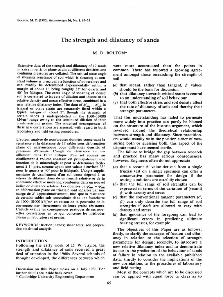 Bolton Strength and Dilatancy of Sand | PDF | Solid Mechanics ...
