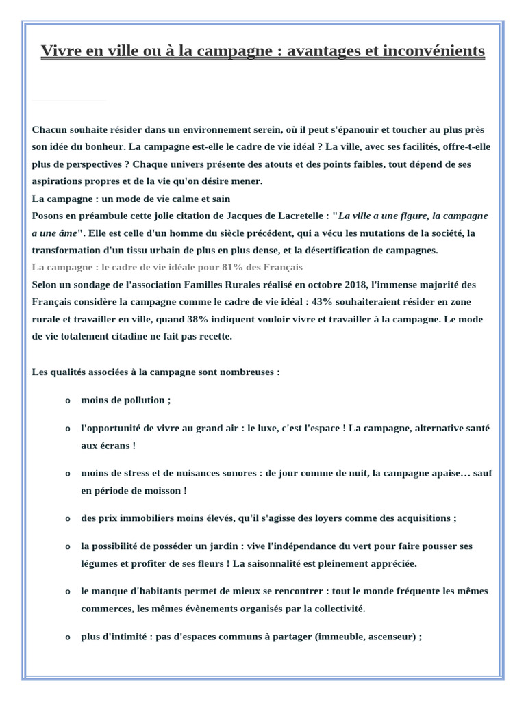 Avantages et inconvénients ville vs campagne PDF Communes de — free download