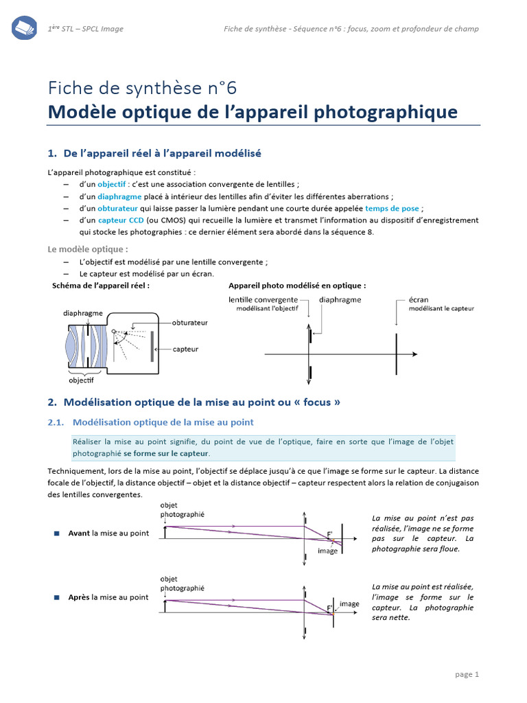 Modèle optique : focus, zoom, profondeur | PDF | Objectif ...