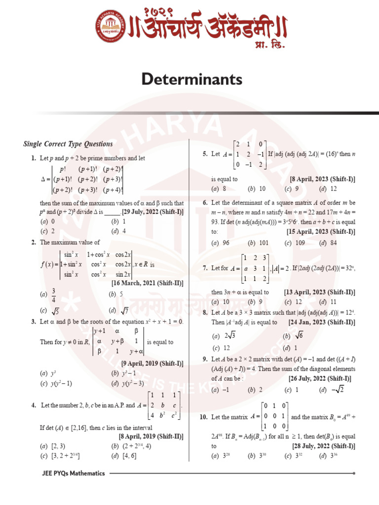 Determinants _ PYQ Practice Sheet | PDF | Determinant | Matrix ...
