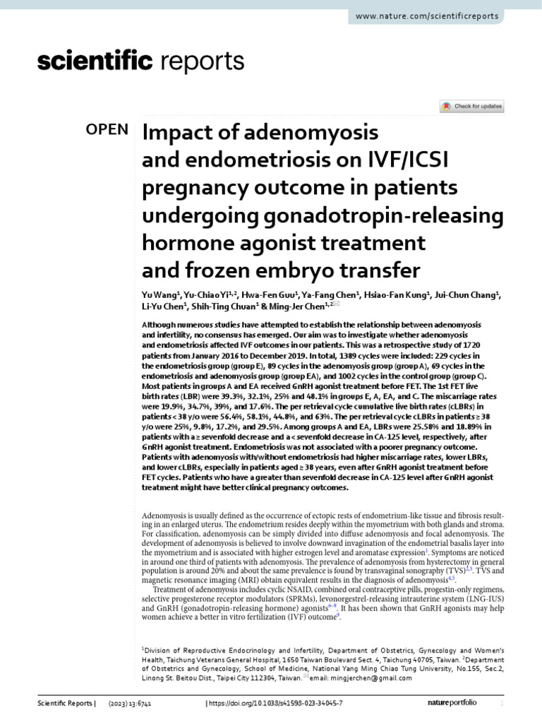 Impact of Adenomyosis and Endometriosis On IVFICSI Pregnancy Outcome in ...
