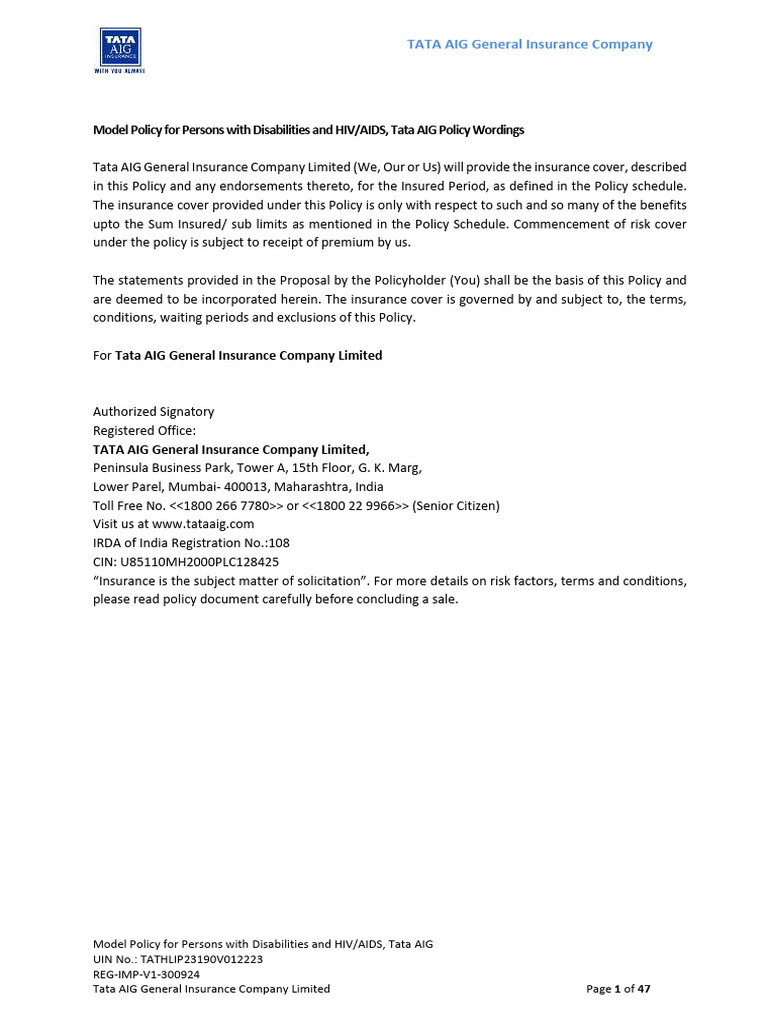 Tata AIG Disability & HIV/AIDS Insurance Policy | PDF | Insurance ...