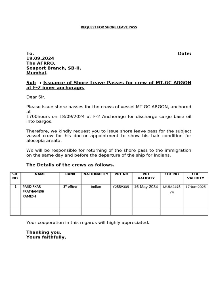 Shore Leave Pass Request for MT.GC ARGON | PDF
