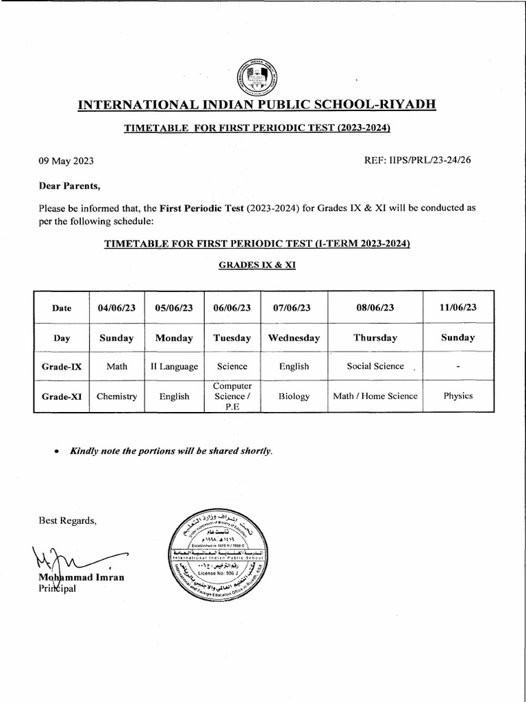 IIPS Riyadh First Periodic Test Timetable | PDF