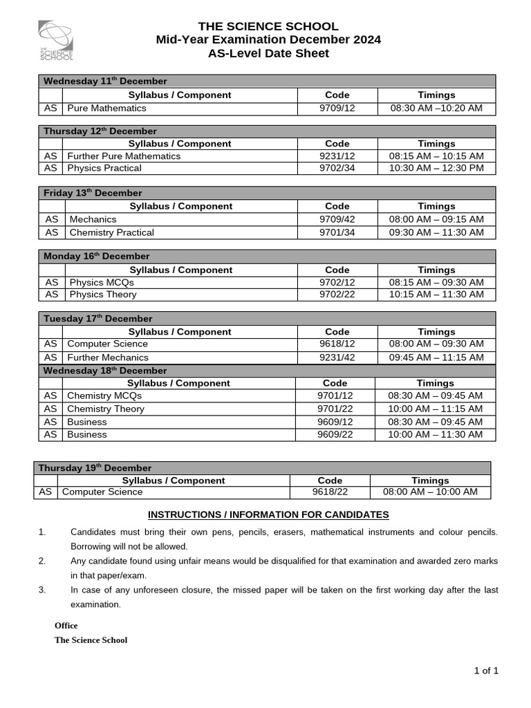 Final AS Mid-Year Date Sheet Dec 2024 | PDF | Science