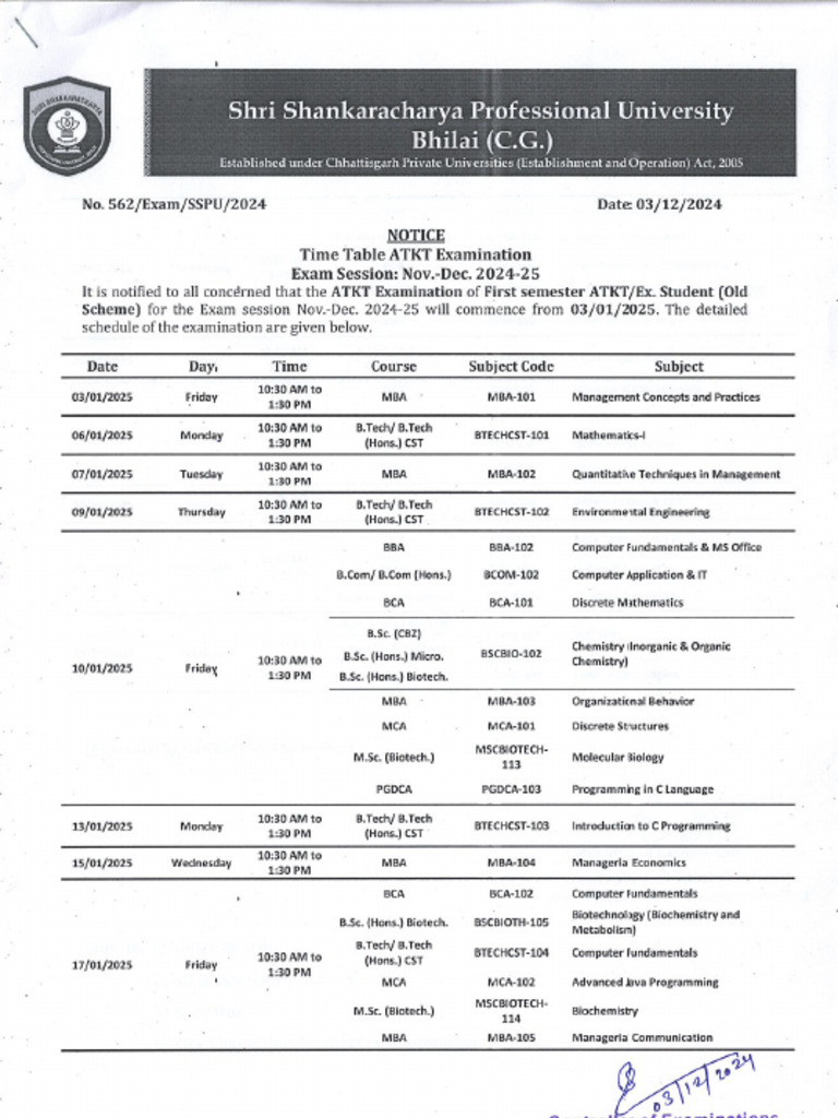 1st Sem (ATKT+Ex) ESE Time Table 2024-25 | PDF