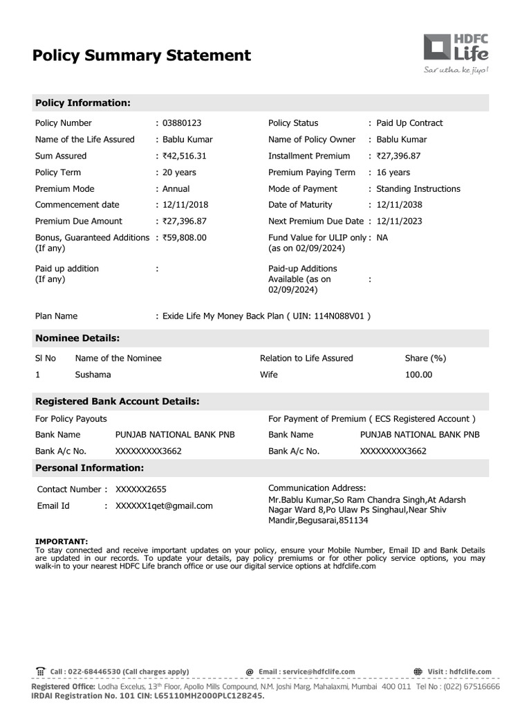 Exide Life My Money Back Policy Summary | PDF | Life Insurance | Insurance