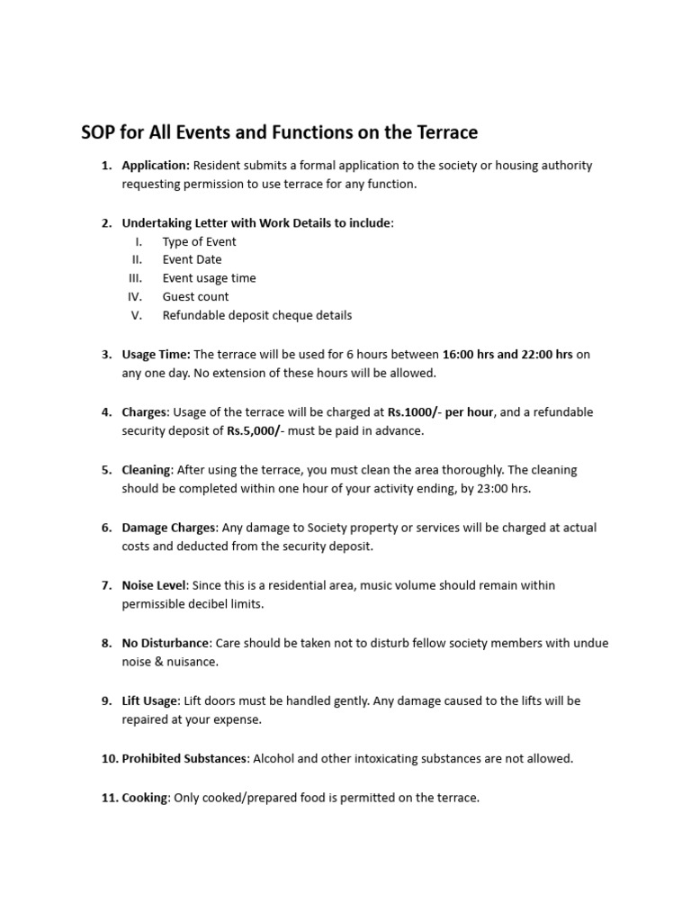 SOP For All Events and Functions On The Terrace: Kanchan Vasant Vihar ...