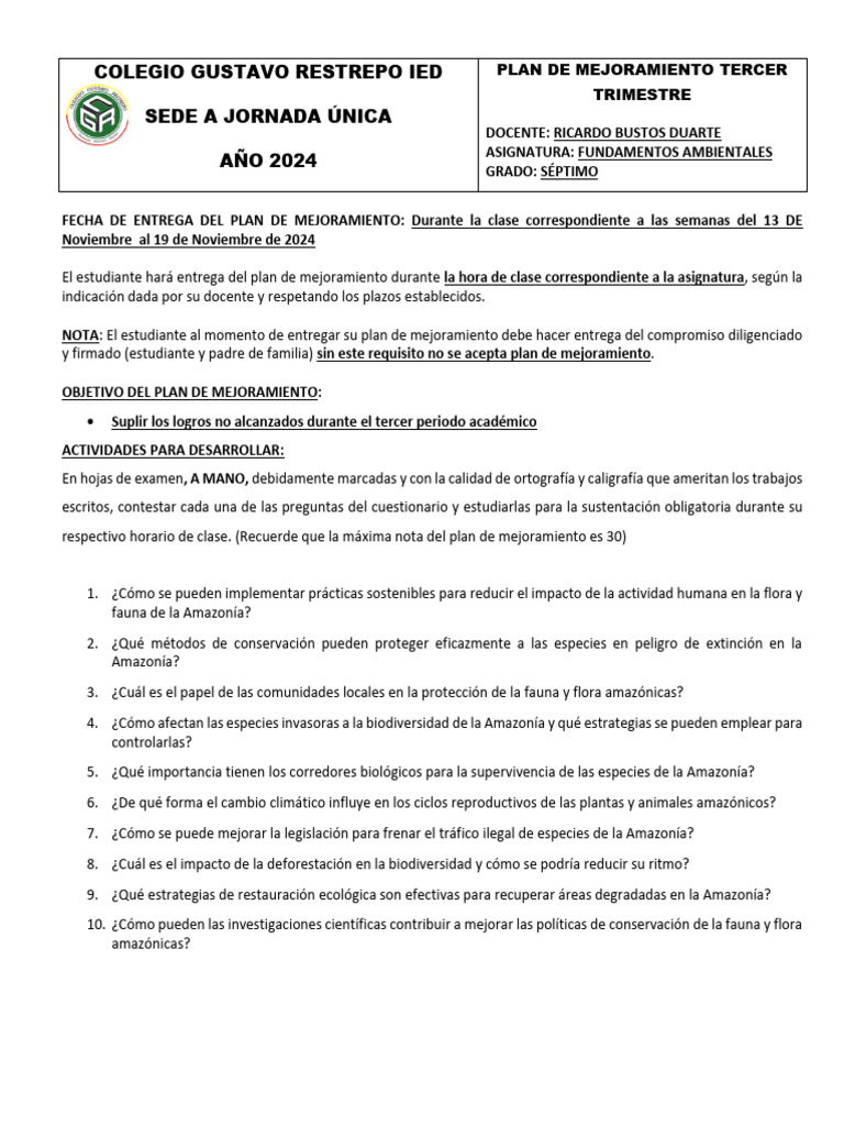 Plan de Mejoramiento Ambiental 2024 | PDF | Entorno natural | Biodiversidad