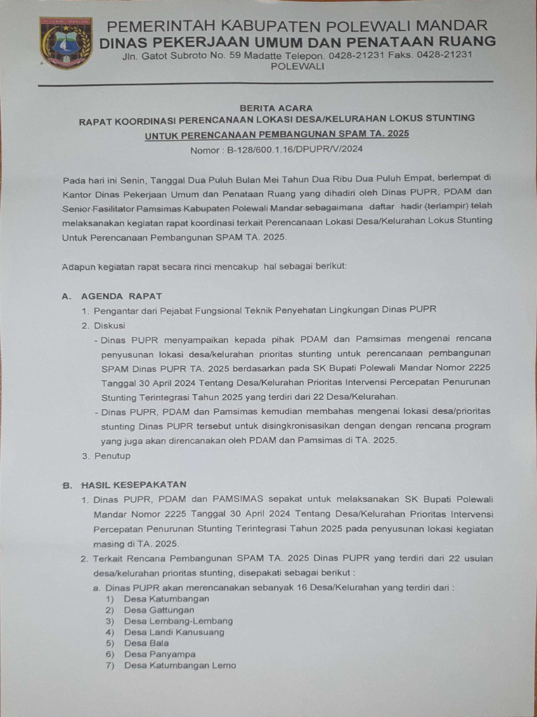 Ba Rakor Pupr - Pdam - Pamsimas 2024-1 | PDF