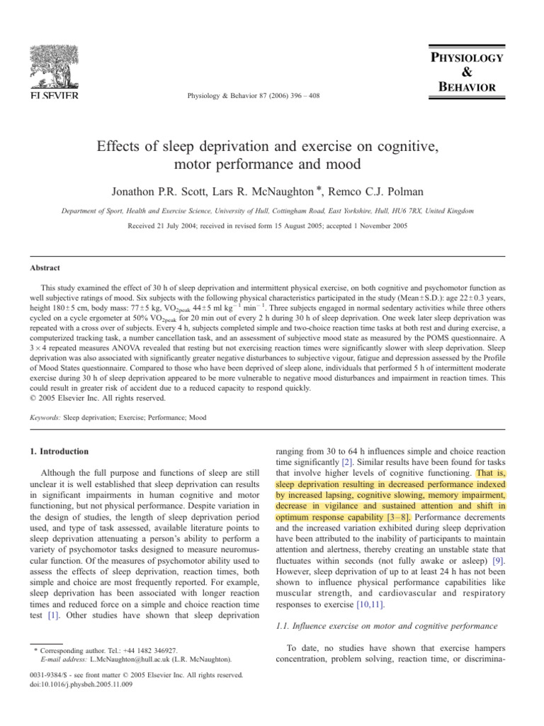 Effects of Sleep Deprivation and Exercise On Cognitive | PDF | Sleep ...
