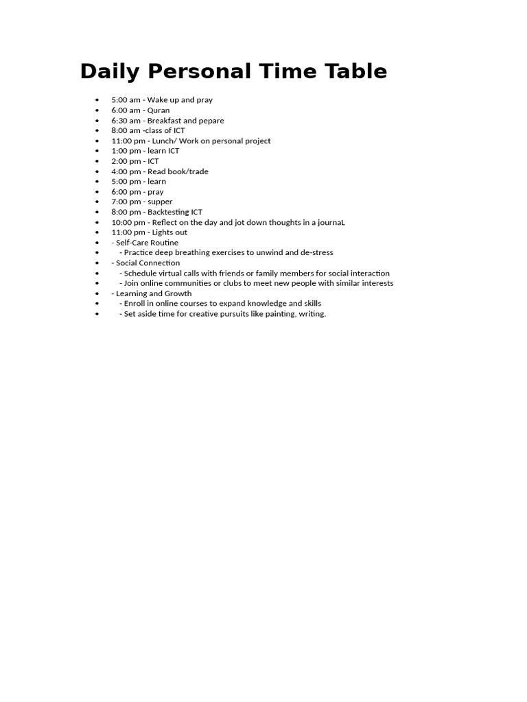Personal Time Table Format