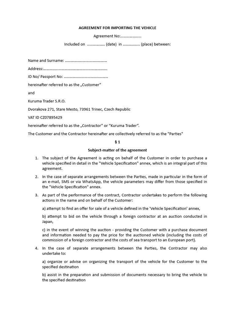 Vehicle Import Agreement with Kuruma Trader | PDF | Customs