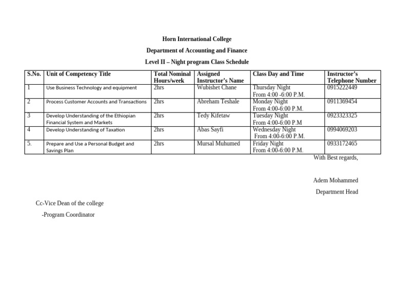Horn International College Night Class Schedule | PDF
