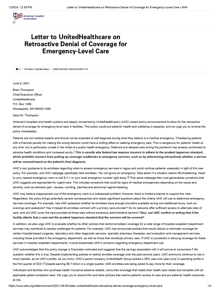 letter-to-unitedhealthcare-on-retroactive-denial-of-coverage-for