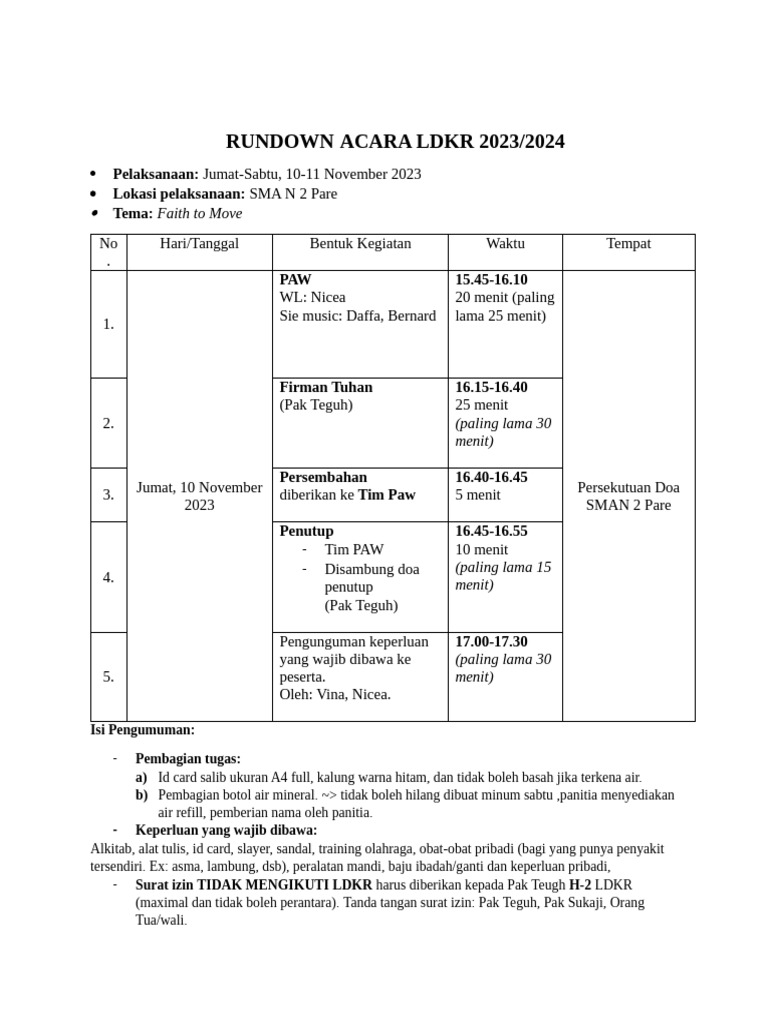 Rundown LDKR 2023/2024 di SMA N 2 Pare | PDF