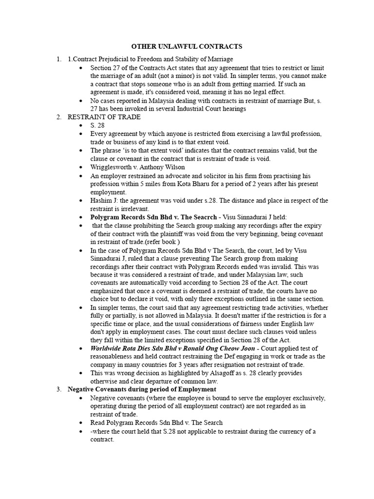 Unlawful Contracts in Malaysia Explained | PDF | Restraint Of Trade ...