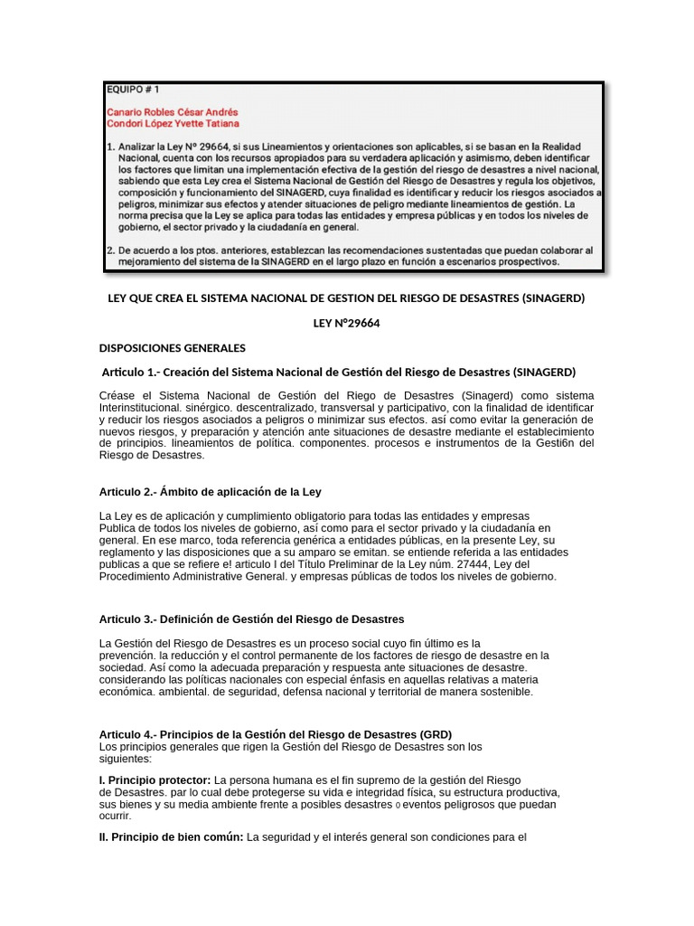 Ley Que Crea El Sistema Nacional de Gestion Del Riesgo de Desastres ...