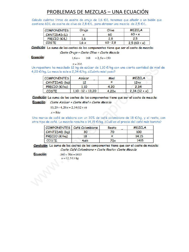 WWW - Yoquieroaprobar.es: Problemas de Mezclas - Una Ecuación | PDF