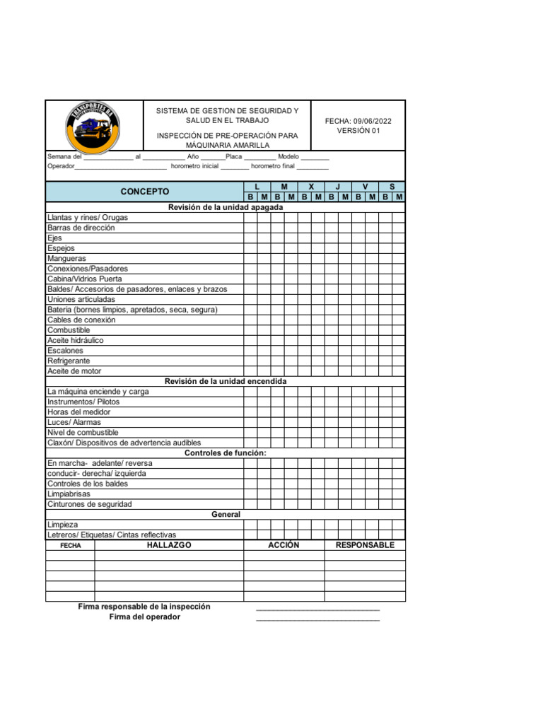 Inspección Pre-Operativa de Maquinaria Amarilla | PDF