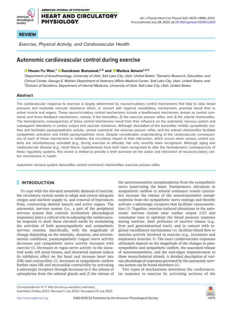 Autonomic Cardiovascular Control During Exercise - Wan (2023) | PDF ...