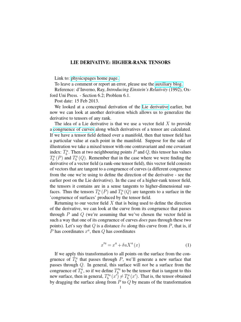 Lie Derivative of Higher-Rank Tensors | PDF | Tensor | Differential ...