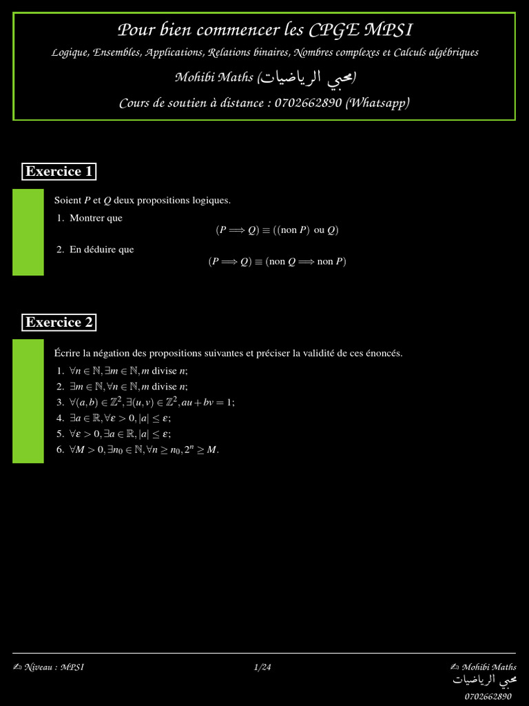 Exercices de logique et mathématiques MPSI | PDF | Asymptote | Tangente ...