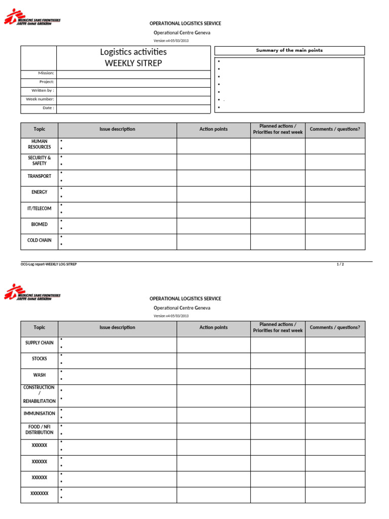 OCG log report WEEKLY LOG SITREP TEMPLATE PDF Logistics Business