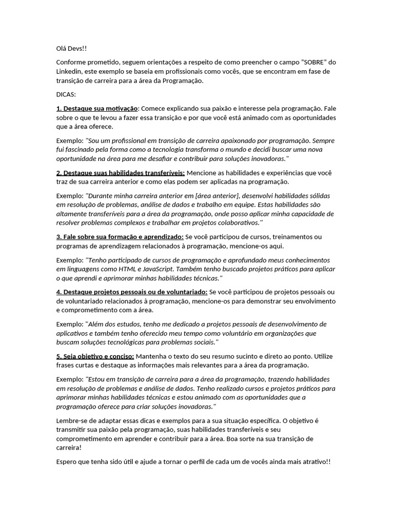 Dicas para o LinkedIn na Programação | PDF | Programação de ...