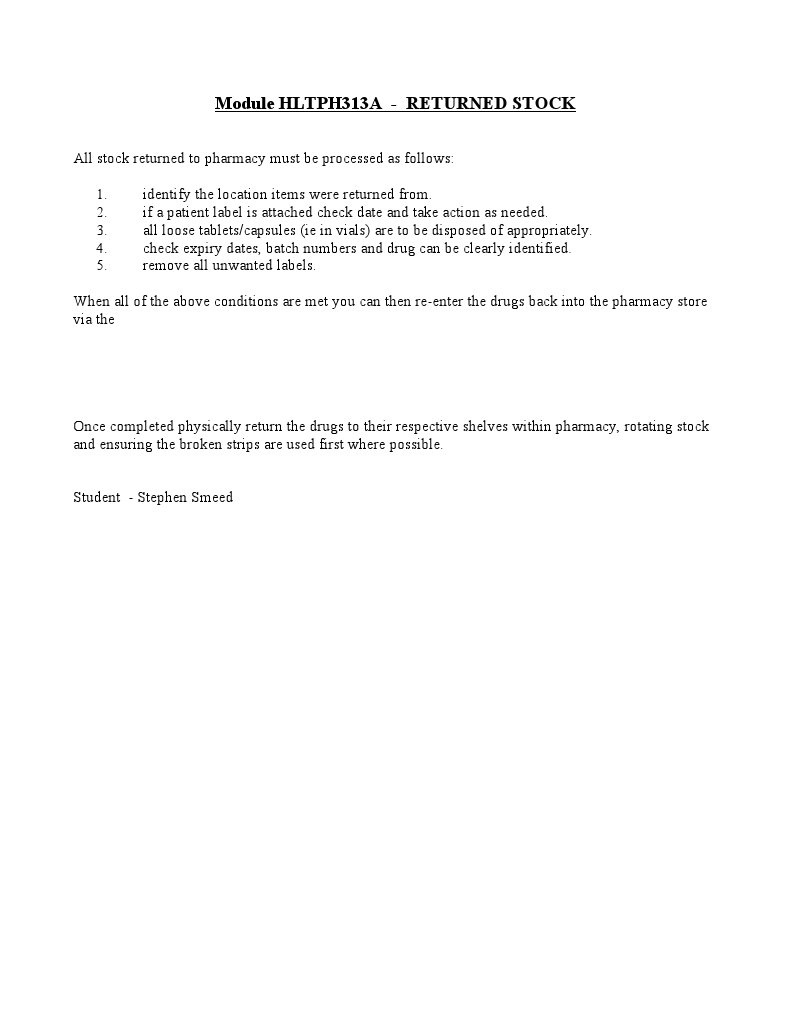 Pharmacy Returned Stock Processing Guide | PDF
