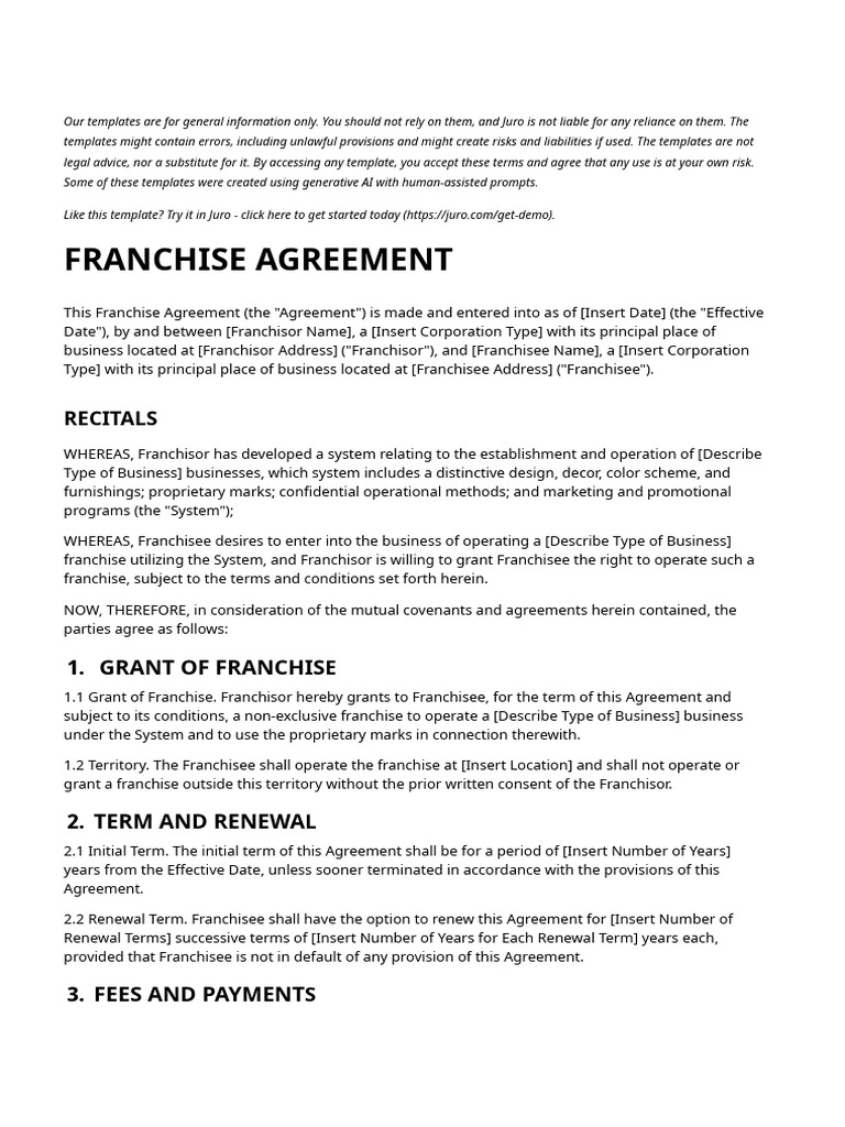 Juro Franchise Agreement Template PDF Franchising Private Law