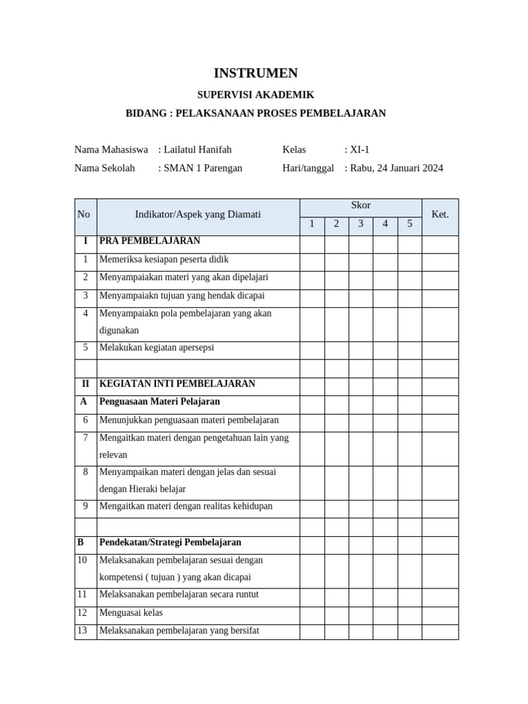 Instrumen Supervisi Akademik Pembelajaran | PDF