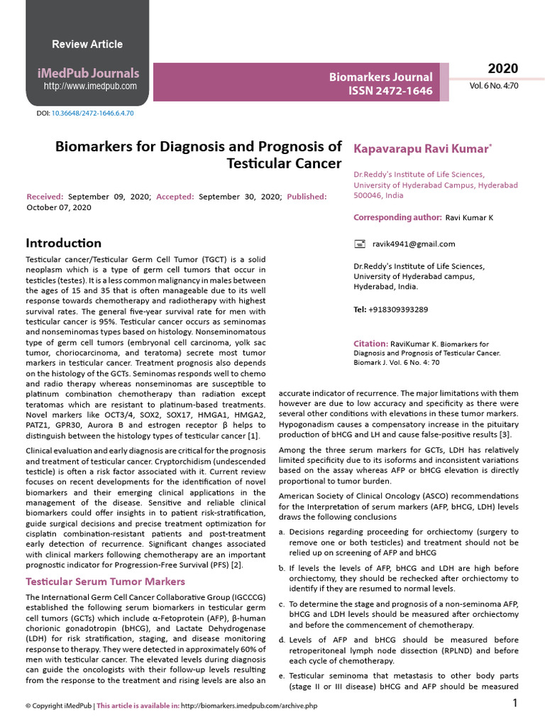 Biomarkers For Diagnosis and Prognosis Off Testicular Cancer | PDF ...