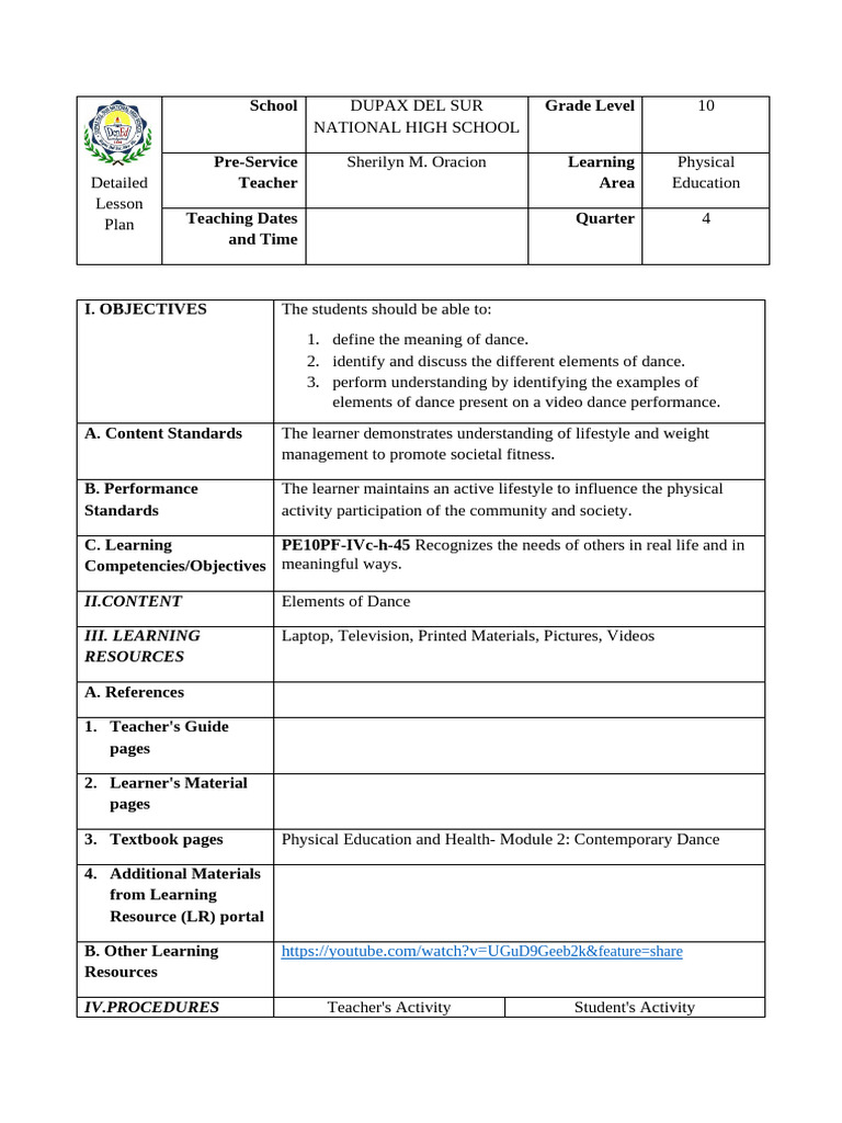 Detailed Lesson Plan 3 Pdf Dances Learning