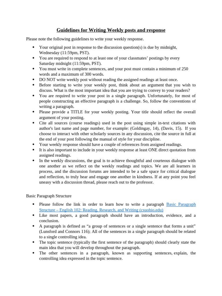 Guidelines For Writing Weekly Posts and Response | PDF | Paragraph ...