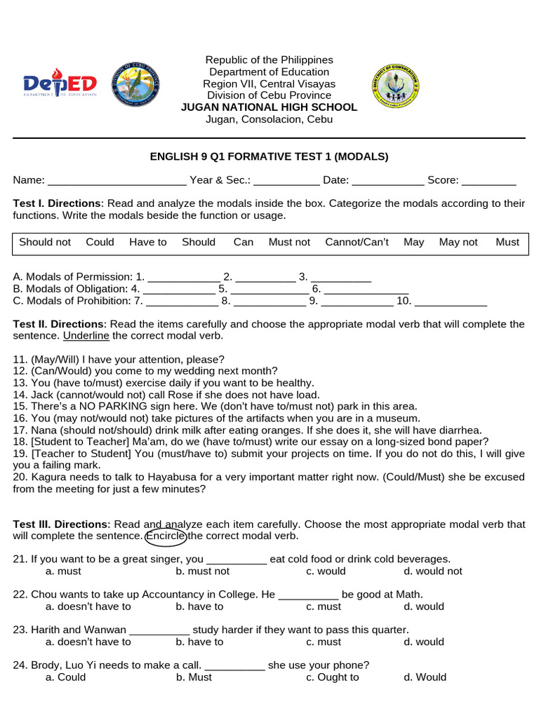 English 9 Modals Formative Test | PDF