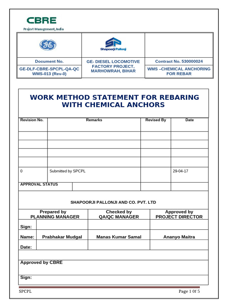 Rebar Chemical Anchoring Method Statement | PDF | Drilling | Concrete
