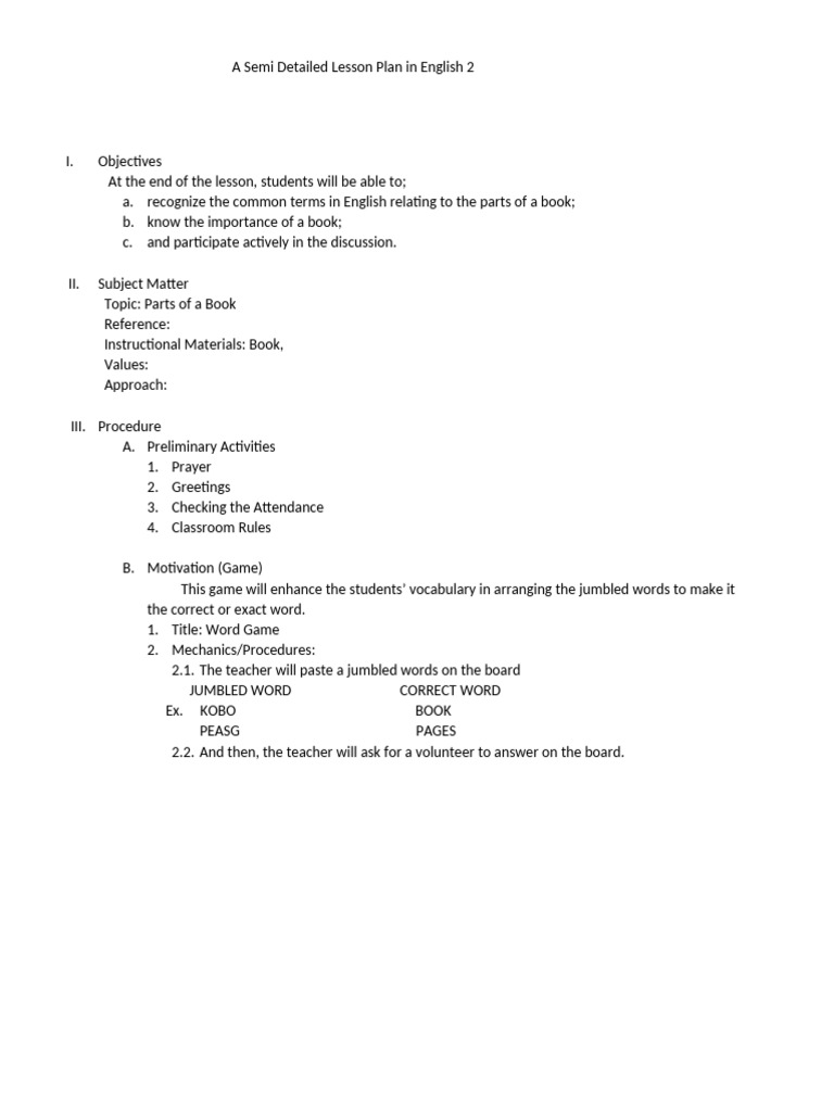 Lesson Plan: Parts of a Book for English 2 | PDF