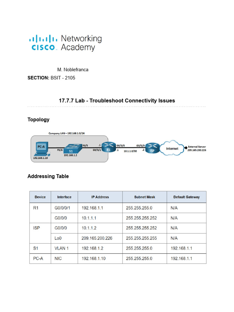 17.7.7 Lab - Troubleshoot Connectivity Issues | PDF | Computer Network ...