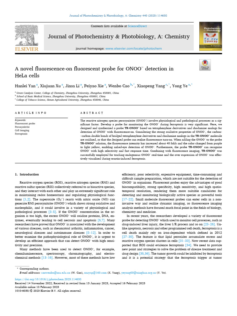Fluorescent Probe for ONOO– Detection | PDF | Reactive Oxygen Species