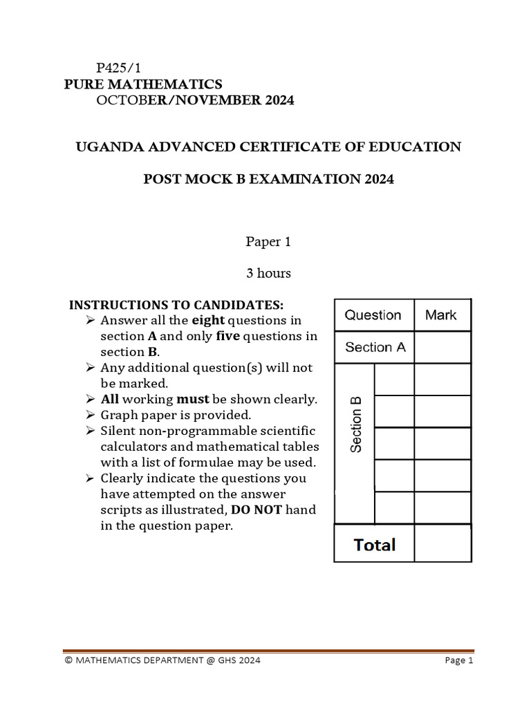 S 6 Post Mock B Pure Maths Ext 2024docx | PDF | Equations | Geometry
