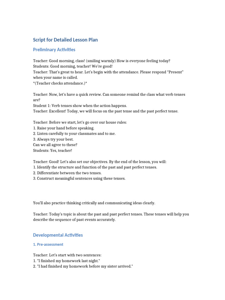Script For Detailed Lesson Plan | PDF | Grammatical Tense | Perfect ...