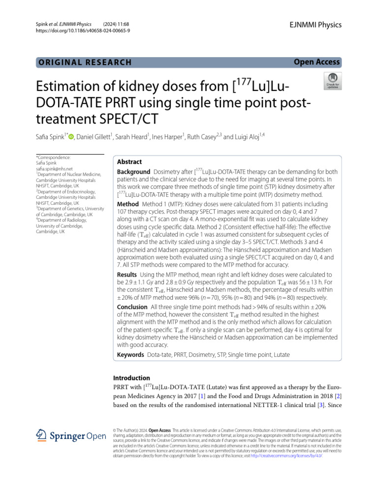 Estimation of Kidney Doses From (177lu) LuDOTA-TATE PRRT Using Single ...
