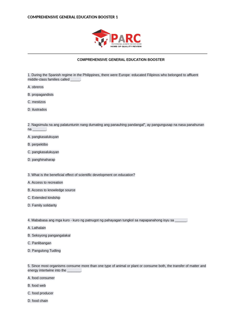 Comprehensive Gened Booster 1 Questionnaire | PDF | Philippines