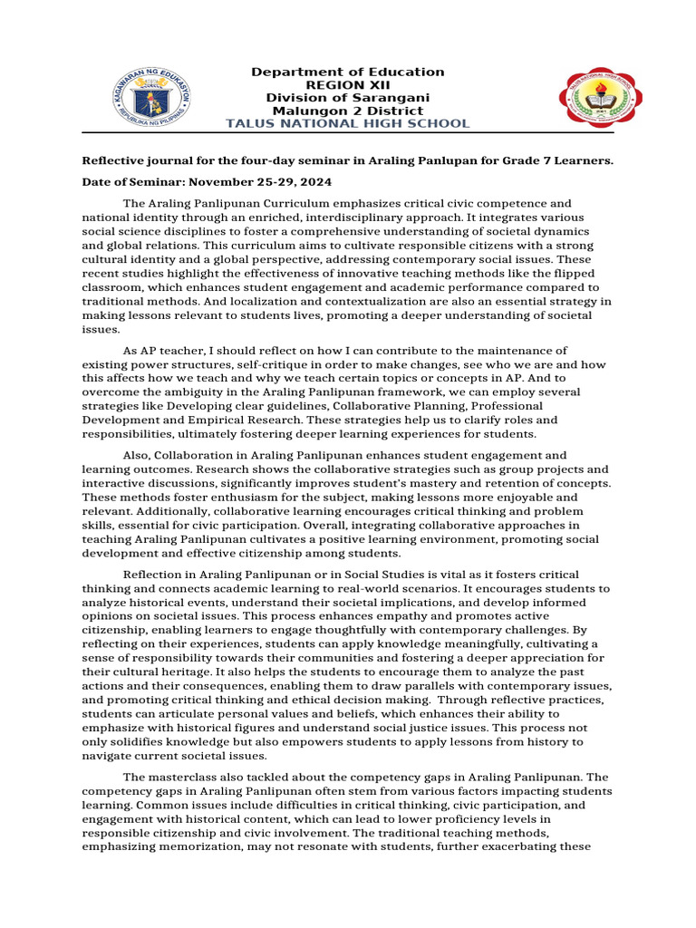 REFLECTIVE JOURNAL FOR THE 4 DAY MASTERCLASS | PDF | Critical Thinking ...
