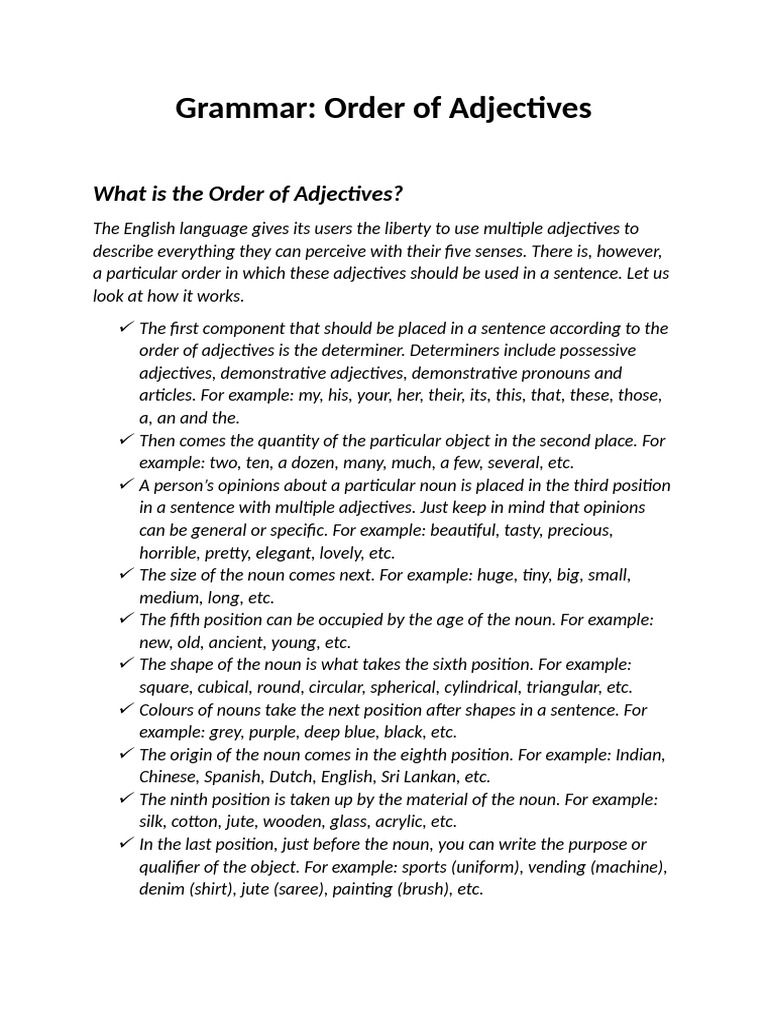 Order of Adjectives Guide | PDF | Adjective | Noun
