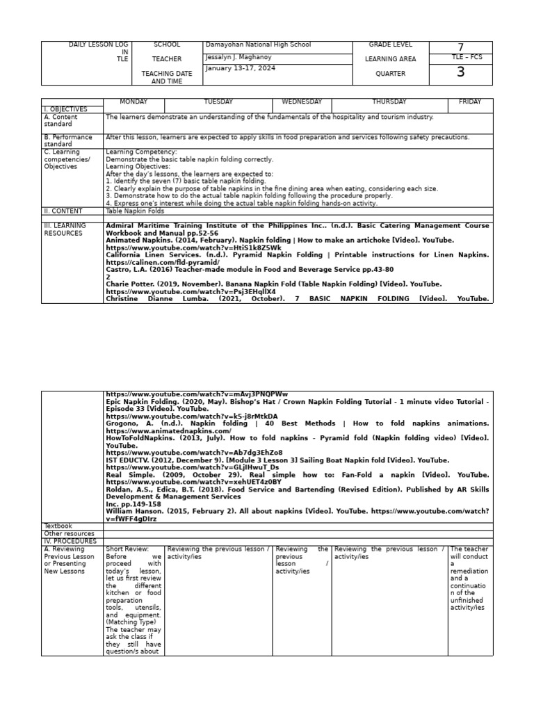 DLL in Tle FCS 7 Q2 Week 6 | PDF | Teachers | Behavior Modification