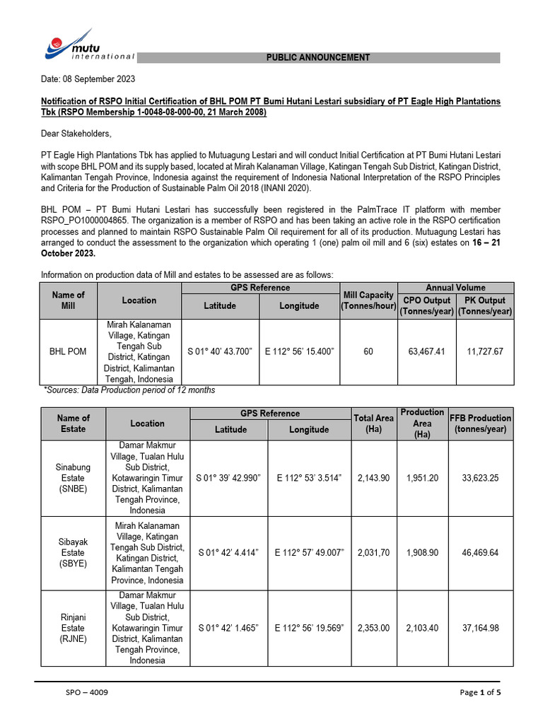 Notification of RSPO Initial Certification of BHL POM PT Bumi Hutani